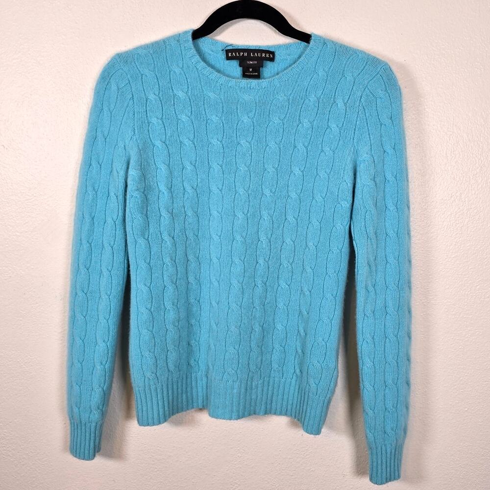 Ralph Lauren Cable Knit Cashmere Sweater Women's M Slim Fit Aqua Academia Preppy